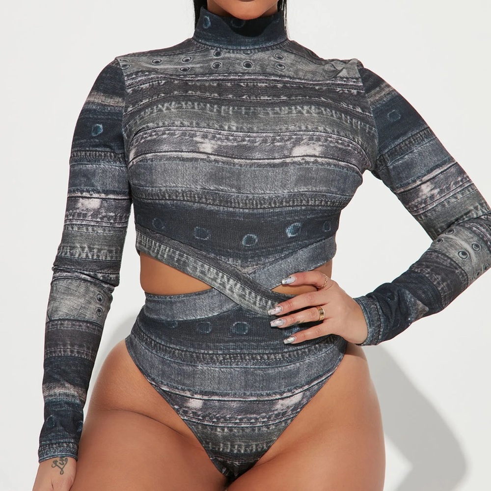 Keep The Momentum Denim Print Bodysuit - Grey/combo